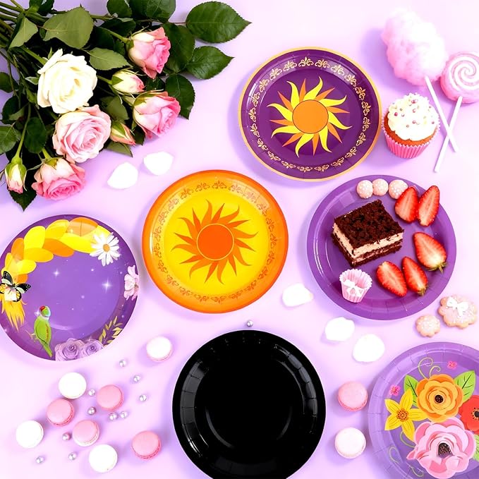 48Pcs Purple Sun Paper Plates Purple Princess Birthday Party Decorations 7 Inch Princess Sun Floral Pan Hair Dessert Plates Disposable Tableware Set for Baby Shower Wedding Party Supplies