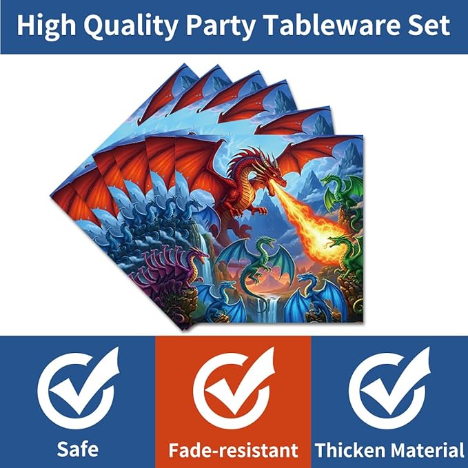 96Pcs Dragon Birthday Decorations Tableware Set - Dragon Happy Birthday Paper Plates Napkins Forks Magical Dragon Theme Party Supplies Serve 24 Guests