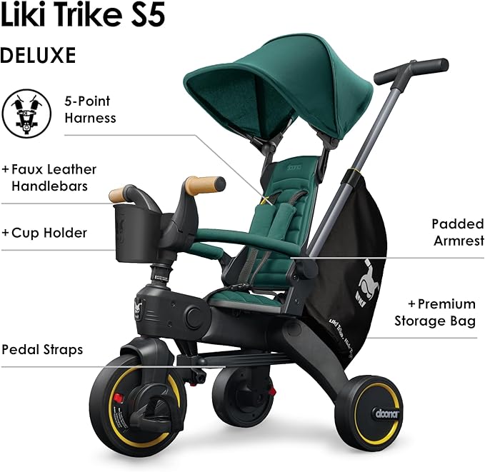 Doona Liki Trike S5, Racing Green - 5-in-1 Compact, Foldable Tricycle - Suitable for Toddlers 10 to 36 Months