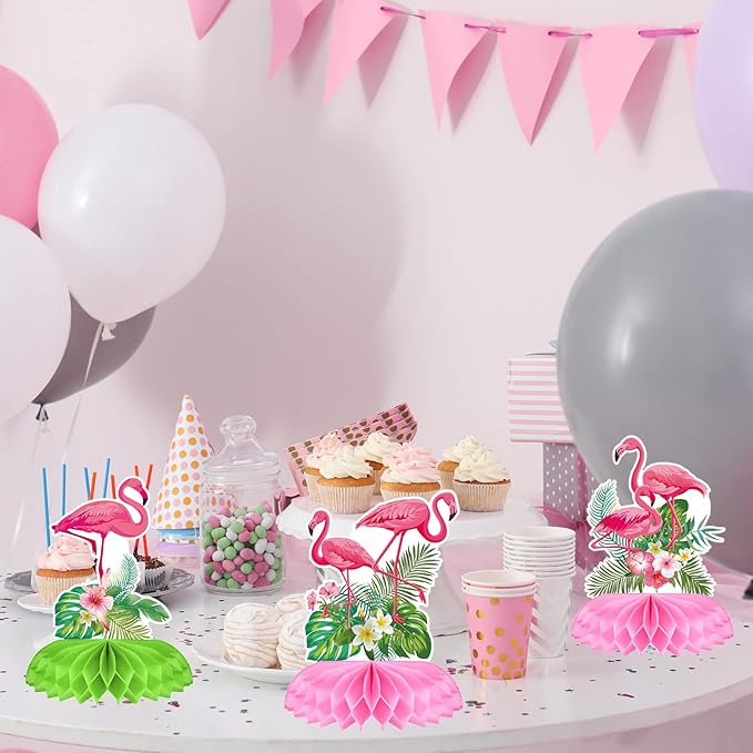 Funtery 9 Pcs Flamingo Centerpieces for Tables Hawaii Luau Honeycomb Centerpieces Flamingo Party Decorations Tropical Aloha Party Table Topper for Kid Birthday Party Supplies Table Decoration