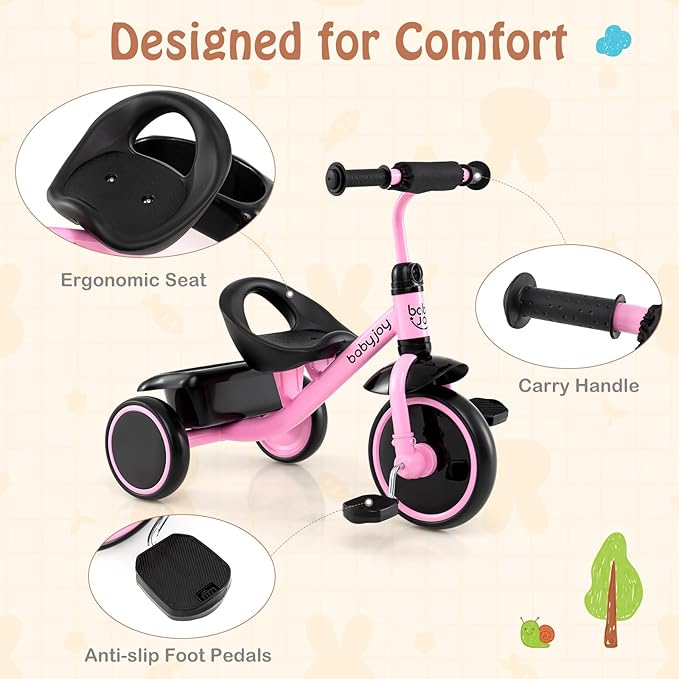 BABY JOY Toddler Tricycle, Kids Trike with Adjustable Seat and Storage Basket for Boys Girls Indoor and Outdoor Riding, Toddler Trike for Baby 3-5 Years Old (Pink)
