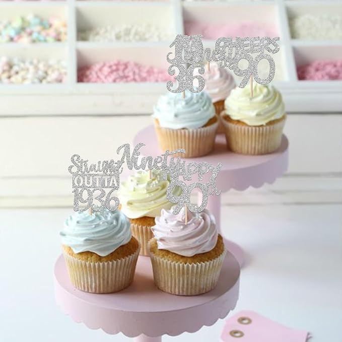 30PCS 95th Birthday Cupcake Toppers Glitter Nighty Five Happy 95 Straight Outta 1931 Cupcake Picks for Cheers to 95 Fabulous 95th Birthday Anniversary Party Cake Decorations Supplies Silver