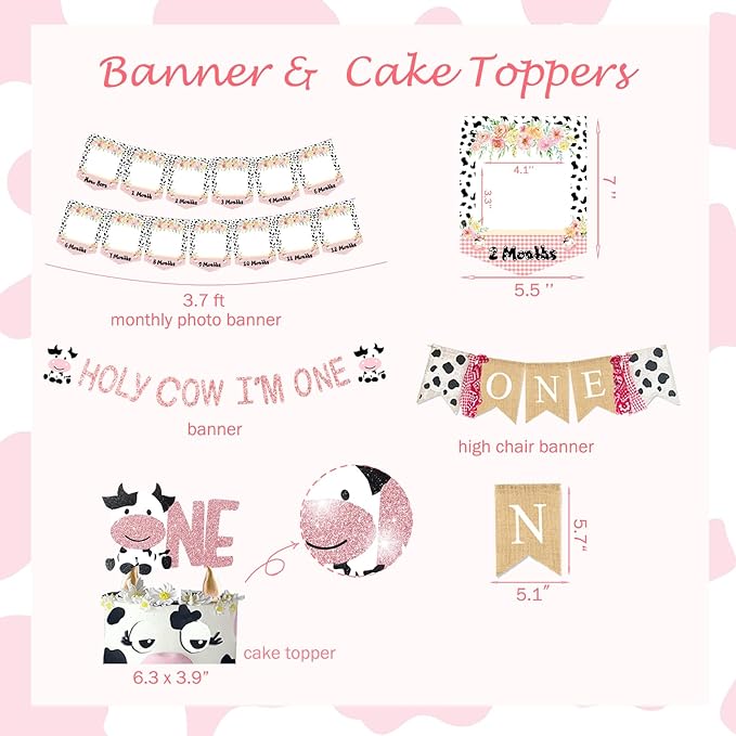 Holy Cow I'm One Birthday Decorations, 1st Birthday Decorations Girl, Cow First Birthday Party Supplies Girl, Cow Print One Year Old Birthday Decorations, First Birthday Girl Decorations