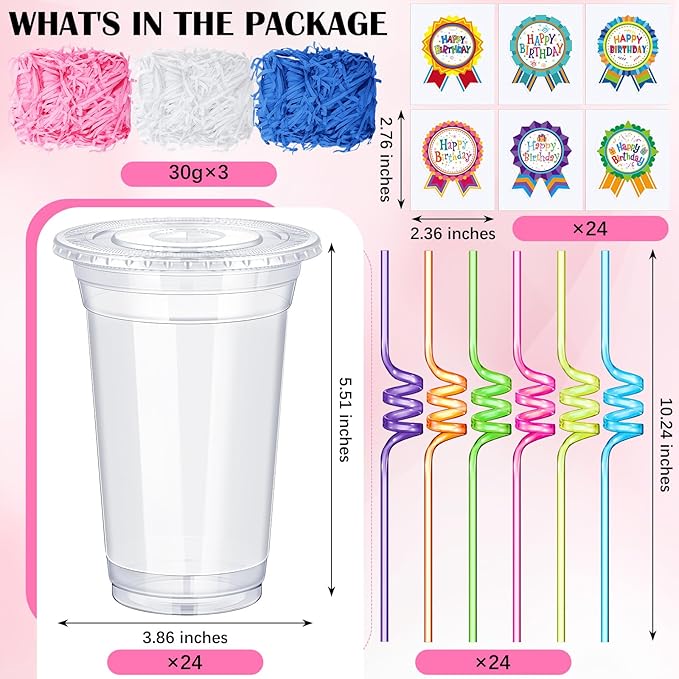 Qinyoung 24 Set Creative Happy Birthday Gifts from Teacher Students Birthday Cups with Lids Colorful Straws Stickers and Raffia Disposable Plastic Cups for Reward Kids Prize Classroom Party Supplies