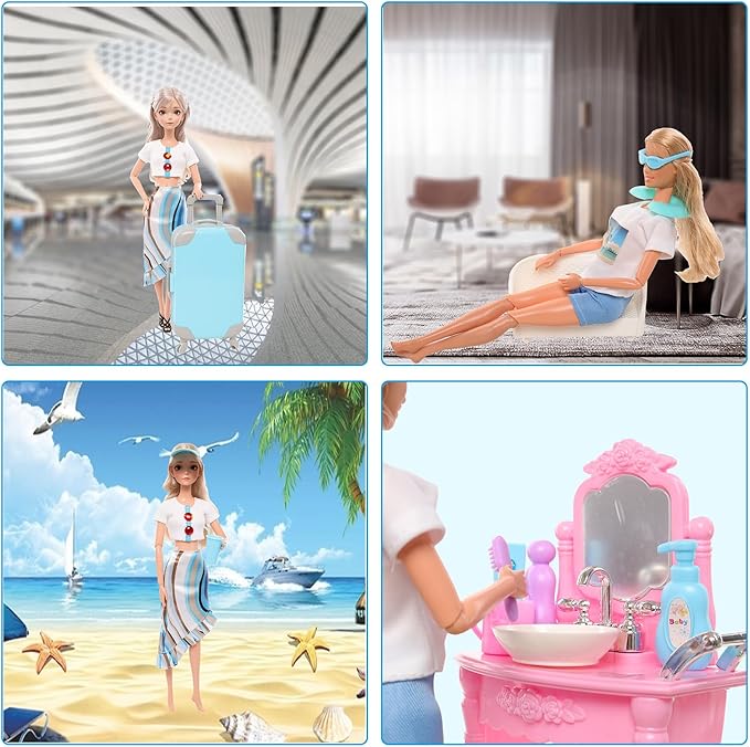 Miunana 28PCS Travel Clothes and Accessories Blue Trunk Suitcase 2 Girl Doll Clothes 1 Boy Suits 8 Life Accessories 12 Wash Telescope Sunglasses （Not Include Doll）