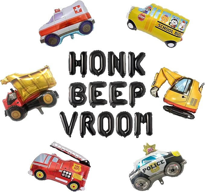 100% LIKED-Honk Beep Vroom Car Birthday Party Decorations, Ambulance School Bus Dump Truck Firetruck Police Car Balloon Banners, Smash Crash Birthday Decor