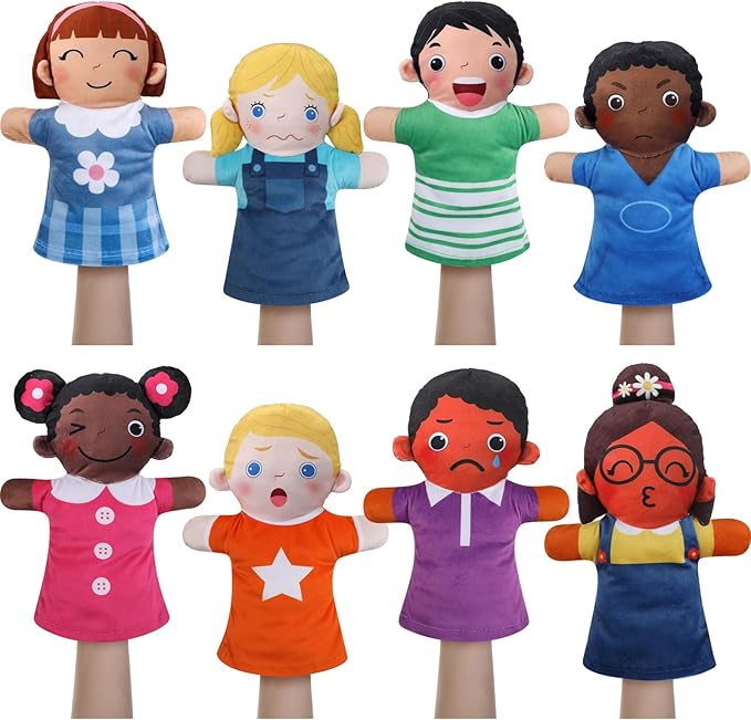 Poen 8 Pcs Hand Puppets Set for Kids Multicultural Hand Puppets Bulk Soft Plush for Toddlers Learning Interaction Suitable for Home Daycare School Classroom Role Play Fantoccini Theater Shows(Feeling)