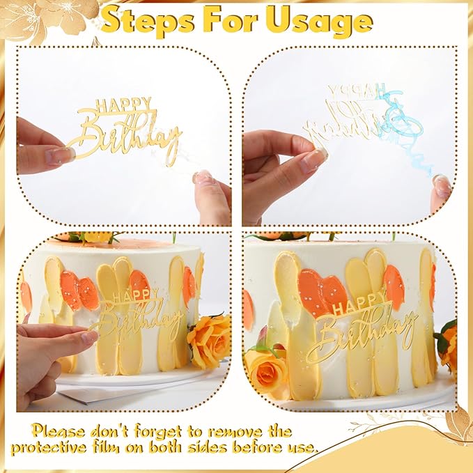 Barydat 50 Pcs Happy Birthday Cake Toppers Bulk Mirror Acrylic Cupcake Topper Cupcake Decorations Happy Birthday Sign for Cake Side Inserts Decor Party Supplies 10 Style(Gold)