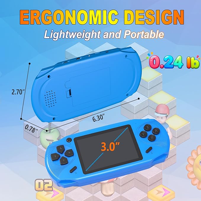 16 Bit Handheld Games for Kids Adults 3.0'' Large Screen Preloaded 220 HD Classic Retro Video Games USB Rechargeable Seniors Electronic Game Player Birthday Xmas Present (Blue)