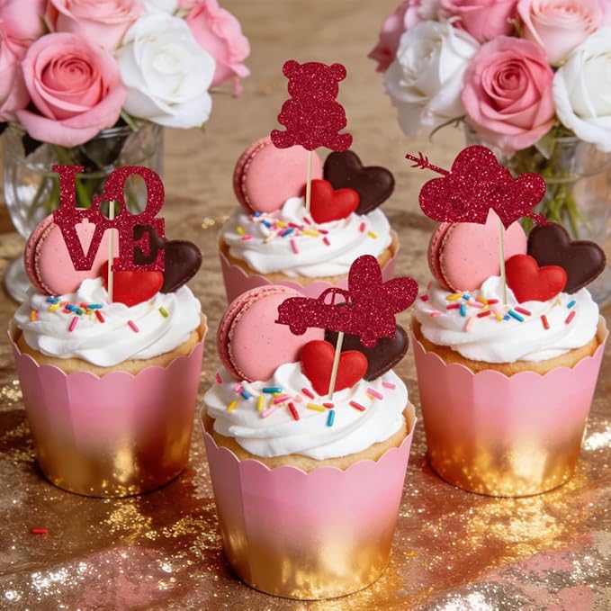 Valentines Cupcake Toppers, 24 PCS Happy Valentines Cupcake Toppers, Glitter Red Heart Love Bear Cupcake Picks Food Picks Toppers Cake Decorations for Valentine's Day Party Decorations Supplies