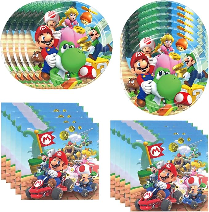 40Pack Mario birthday Party Supplies include 20 plates, 20 napkins for the Mario party decoration