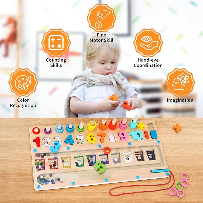3 in 1 Montessori Toys for 3+ Year Old, Education Toys for Preschool Learning Activities, Wooden Magnetic Color and Number Maze, Sorting Counting Color Matching Toddler Puzzle