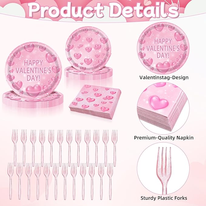 96 Pieces Valentine’s Day Tableware Set – Pink Heart Disposable Plates and Napkins for Romantic Dinners, Weddings, Anniversaries, and Valentine Parties – Serves 24 Guests