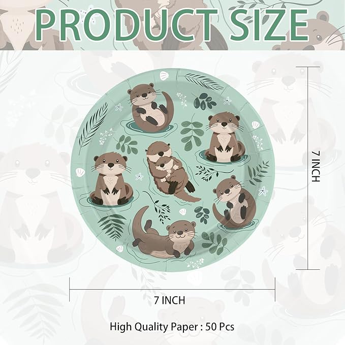 50Pcs Otter Party Supplies 7" Sea Otters Paper Plates Disposable Sea and River Little Otter Platter for Kids Birthday Baby Shower Ocean Animal Theme Party Favors