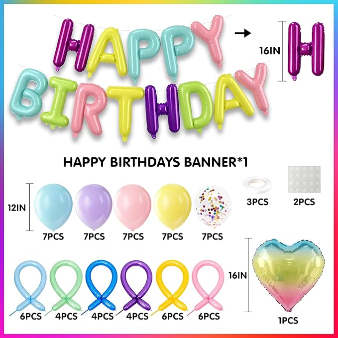 Colorful Happy Birthday Banner Balloon Aluminum Foil 16in Letter, 12in Latex Balloons, 11.8in Long Balloons, 16in Love Heart Aluminum Foil Balloon, Men, Women, Party Decoration Supplies (Colorful-1)