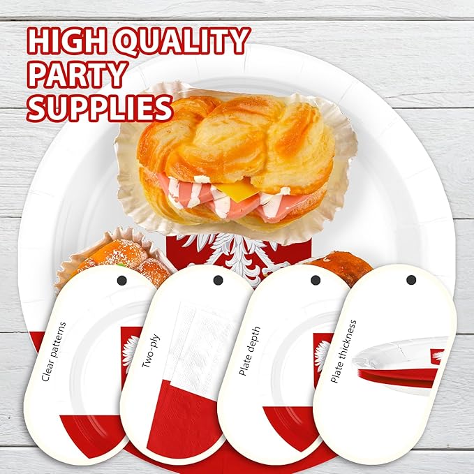 96Pcs Poland Flag Party Decorations National Country Decoration Poland National Day Plates and Napkins Tableware Set for Polish Red and White Patriotic Festival Party Supplies，Serves 24
