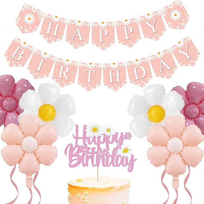 ZHENGYE Pink Daisy Flower Party Decorations Set With Happy Birthday Banner Cake Topper 6 Pcs Daisy Balloon Flower Theme Party Wedding Baby Shower Girl Women Birthday Party Décor