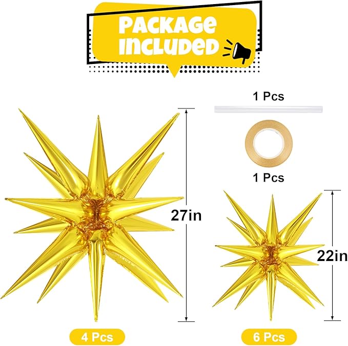 10 Pcs Gold Star Balloons Explosion Balloons Foil Cone Balloon Magic for Birthday Wedding Anniversary Party Backdrops Decorations Supplies, 6 Pcs 22Inches and 4 Pcs 27Inches