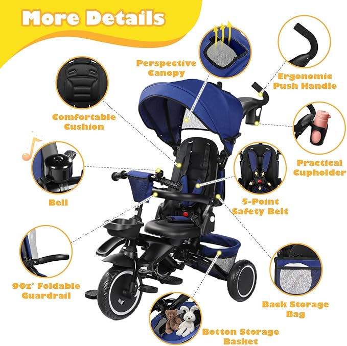 Folding Kids Tricycle, 8 in 1 Toddler Trike W/Removable & Adjustable Canopy, Parent Handle, 5-Piont Harness, Toddler Bike Tricycle for Kids 1-6 Years, EVA Wheels, Storage Basket, Blue