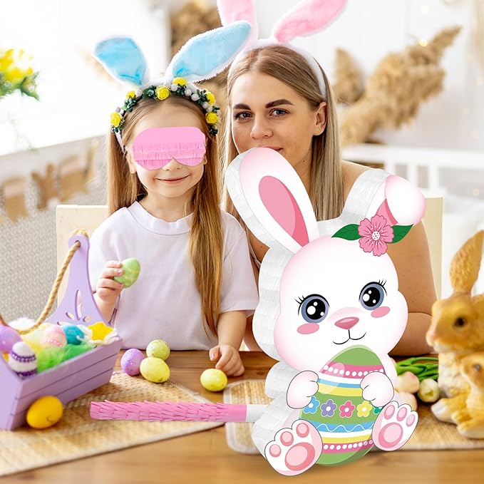 Hooqict Easter Egg Pinata Bunny Pinata with Blindfold and Bat Stick for Girls Spring Happy Easter Party Games Bunny Birthday Party Decorations Sunday Celebration Supplies