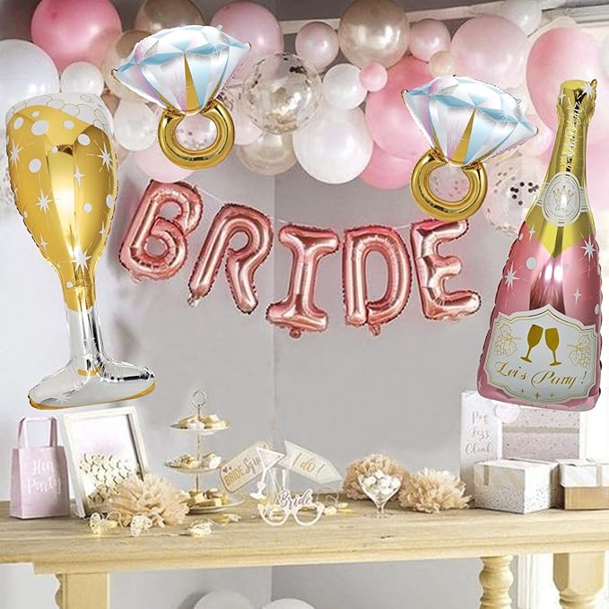9 Pcs Bride Balloons, Huge Rose Gold Champagne Bottle Goblet Aluminum Foil Balloons for Birthday, Bachelorette, Bridal Shower, Wedding, Anniversary, Engagement Party Decorations Supplies