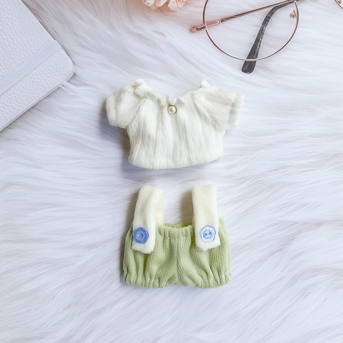 Clothes for Lu bubu 17cm Dolls Accessories(No Doll), Cute Outfit Set 2 Pieces Bib Pants for 17cm Doll Suit, Stylish Dress Up Overalls Doll Clothing Set Replacement Green