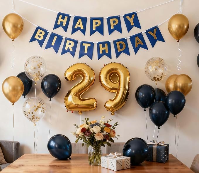 29th Birthday Decorations for Men, Navy Blue 29th Birthday Banner Gold Number 29 Foil Balloons Metallic Confetti Balloons 29th Birthday Party Supplies for 29 Years Old Him(29th)