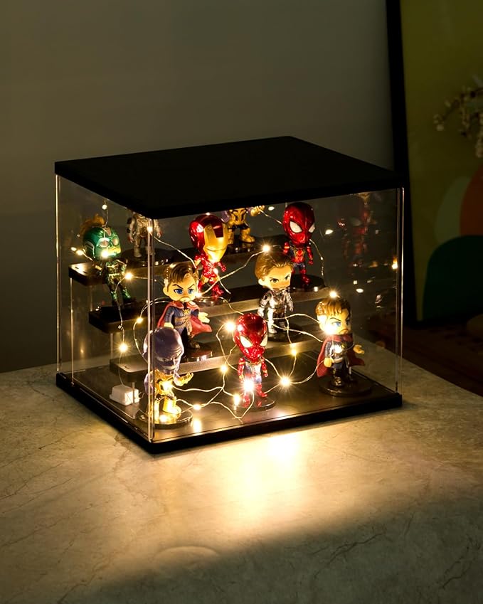 Clear Acrylic Display Case with Light , 4 Tier Display Box Stand Assembly Dustproof Protection Showcase for Collectibles Action Figures (Black 12.6×12.2×11.8in; 32×31×30cm)