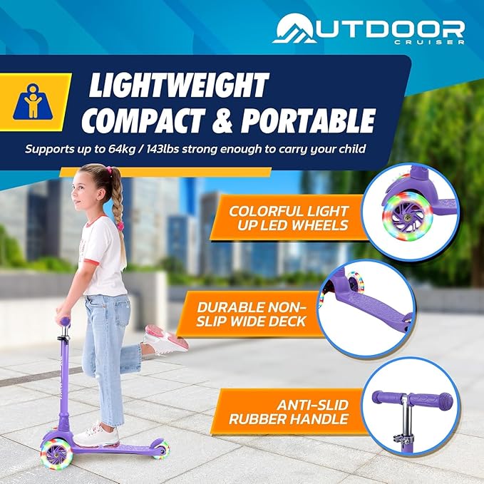 Outdoor Cruiser 3-wheel Kids Scooter – With Lean-to-steer Technology, Wide Deck, Led Lighted Wheel, 4-level Adjustable Height T-bar Handle, Support Kid Up to 150 Lbs, for Boys & Girls Ages 3-8, Purple