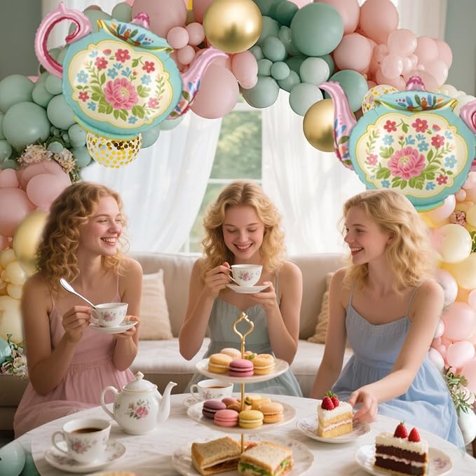 4 Pcs Tea Party Balloons, 35" Huge Teapot Aluminum Foil Balloons for Birthday, Baby Shower, Wedding, Bridal, Engagement, Bachelorette, Princess, Let's Par Tea Garden Party Decorations Supplies