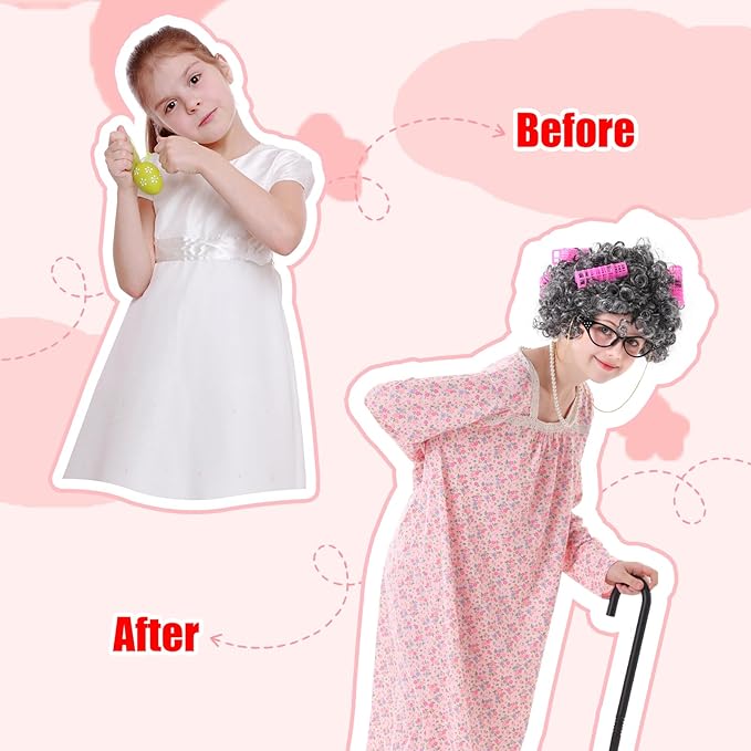 Girls 100th Day of School Costume – Kids Old Lady Granny Dress Outfit with Wig, Glasses, Cane & Accessories,13-Piece