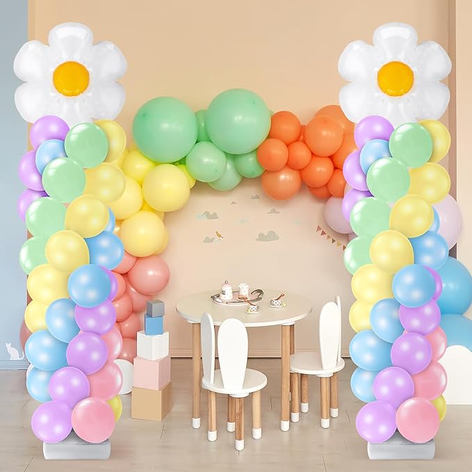 Kasyat 2 Sets Daisy Pastel Party Balloon Column Stand Kit, Adjustable Groovy Balloon Arch Stand Kit for Macaron Boho Summer Daisy Floral Theme Easter Party Decoration