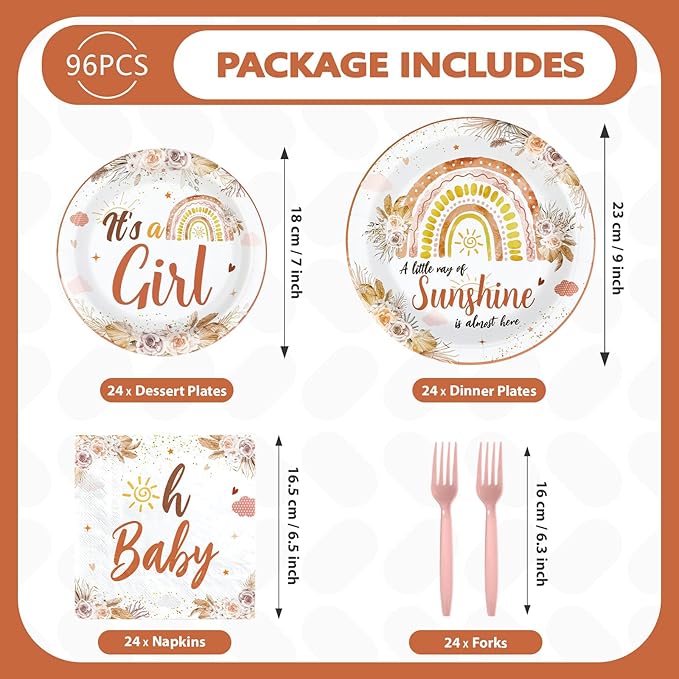 96 Pcs Boho Baby Shower Decorations for Girl Disposable A Little Ray of Sunshine Paper Plates and Napkins Boho Rainbow Baby Shower Tableware Set for Girl Birthday Party Supplies