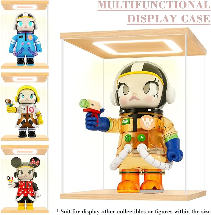 NONEMEY Acrylic Display Case with Led Light for 400% Pop Mart，Assemble Clear Acrylic Display Case Stand Dustproof Protection Showcase Organizer Box for Action Figures (9.8x9.8x13.8inch,25x25x35cm)