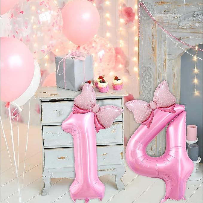 40 inch Number 14 Balloon with Bow Pink Happy Birthday Jumbo Number Balloons for Girls Daughter Birthday Decorations Party Supplies (Pink Number 14)