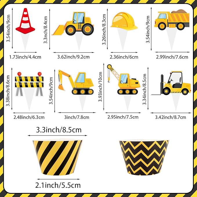 48 Pack Construction Cupcake Toppers and Wrappers, Construction Vehicles Party Cake Decoration for Engineering Theme Birthday Party Baby Shower Supplies