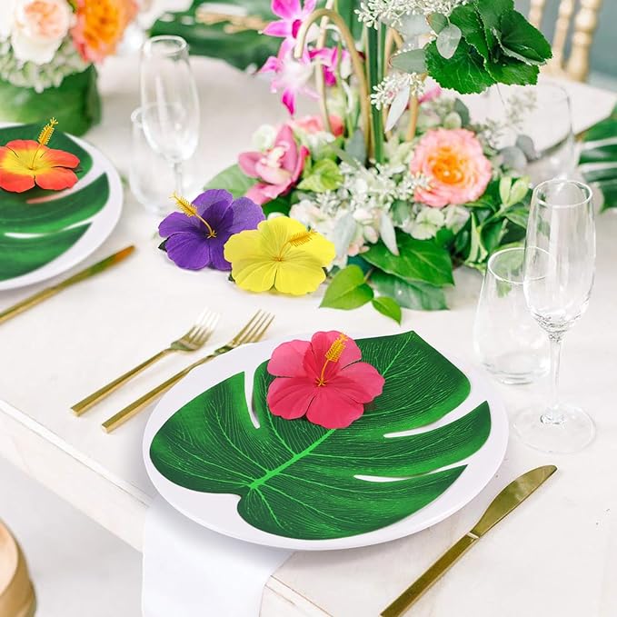 126Pcs Luau Party Decorations Supplies Tropical Palm Leaves Hibiscus Flowers Simulation Artificial Leaf for Hawaiian Luau Safari Parties Jungle Beach Theme BBQ Birthday Party Decorations Table Décor