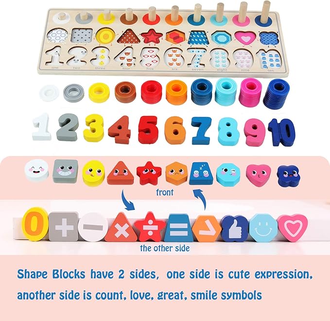 QZMTOY Wooden Montessori Toys for Kids, Toddler Number Puzzles Sorter Counting Shape Stacker Stacking Game Preschool Toys for Boy Girl Learning Education Math Blocks Chunky Puzzles Gift for Toddlers