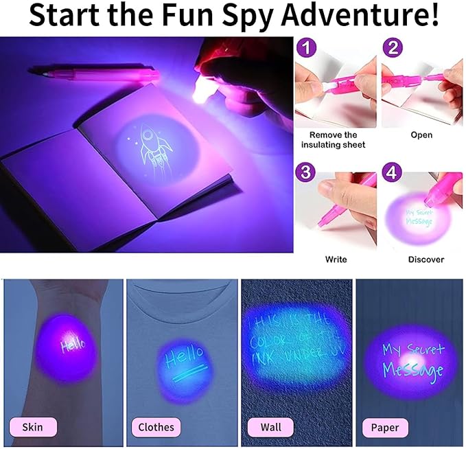 12 Pack Upgraded Invisible Ink Spy Pen with Notebook & UV Light Magic Marker, for Secret Messages Birthday Party Easter Halloween Christmas Goodie Bag Gifts for Kids Ages 3+