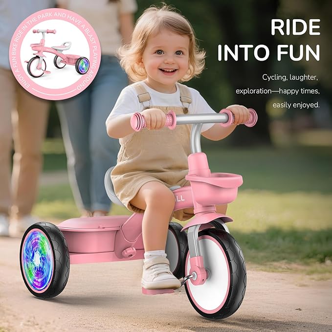 Umatoll Toddler Tricycle for 18 Month to 4 Year Old Girls,Toddler Bike Toys with Adjustable Seat&Light-Up Wheels,Birthday Gift for Age 2-3 (Pink)