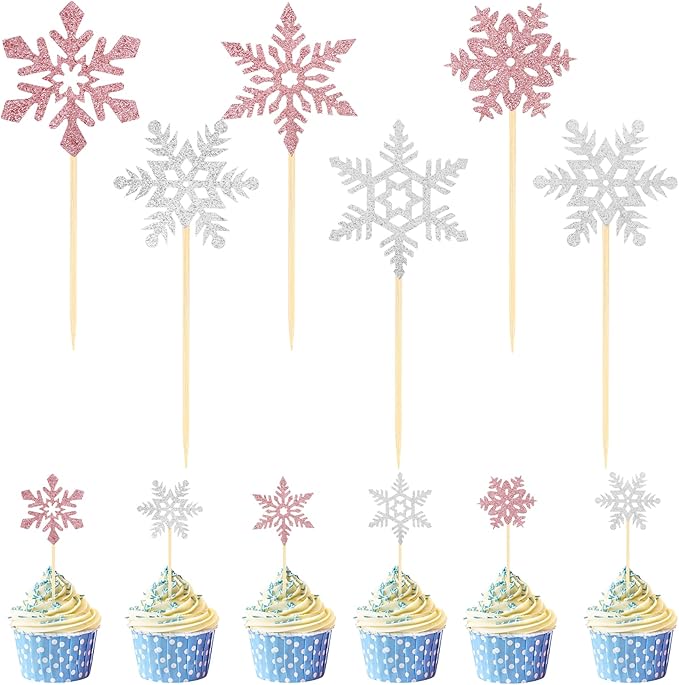 Snowflake Cupcake Toppers, 24PCS Glitter Winter Frozen Cupcake Picks Cake Decorations, Pink and Silver Snowflake Food Picks Topper for Christmas Winter Wonderland Baby Shower Party Decoration Supplies