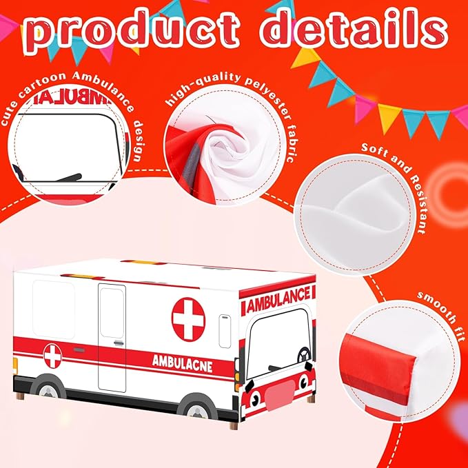 Cumule Large Ambulance Tablecloths Ambulance Birthday Party Decorations Washable Polyester Rectangle Table Cover Decor for Dinner Picnic Table Cloth School Home Decoration 70.8x30.7x30.7Inch