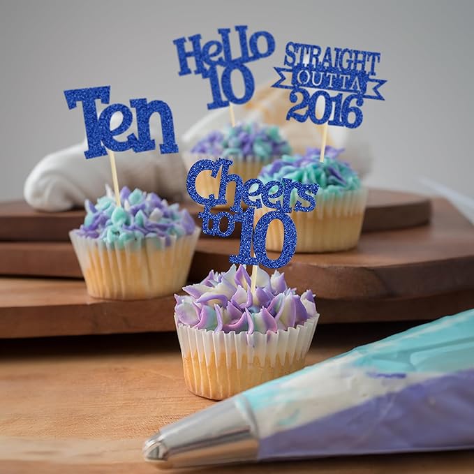 Ephlyn 24Pcs Happy 10th Birthday Cupcake Toppers Glitter Ten Cupcake Picks Hello 10 Cheers to 10 Years Cake Decorations for 10th Birthday Anniversary Party Decorations Supplies Blue