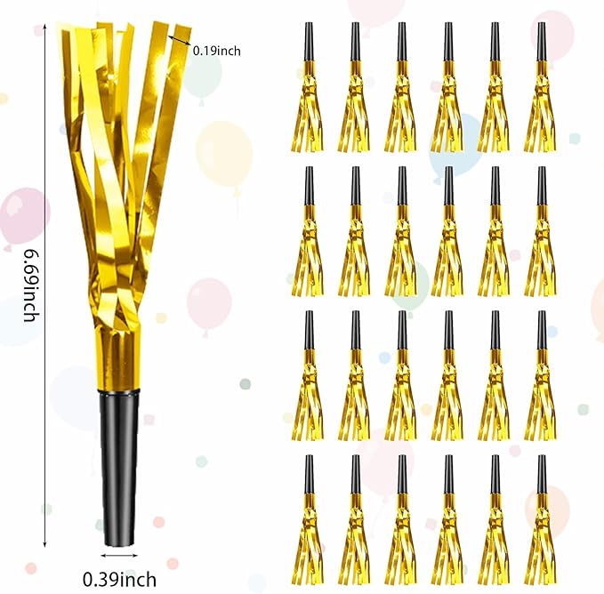 Gold New Years Noise Makers 24 PCS Glitter NYE Party Blowers Blowouts New Years Eve Games Favors Supplies Birthday Pep Rally for Adult Prank Graduation Sporting Events Horns Noisemakers Accessories