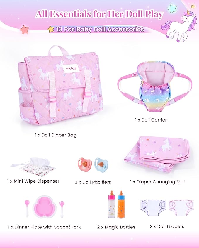 BABESIDE 13PCS Baby Doll Accessories, Baby Doll Diaper Bag with Magic Bottles, Changing Mat,Diapers & Carrier, Pretend Play Doll Care Set for 12-15 Inches Dolls Kids Gift, Pink