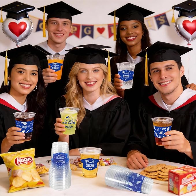 GuassLee Blue Silver Graduation Decorations 2026 Party Cups - 50pcs 12 Oz Blue and Silver Disposable Graduation Plastic Clear Cups for Drinks Class of 2026 Grad Party Supplies