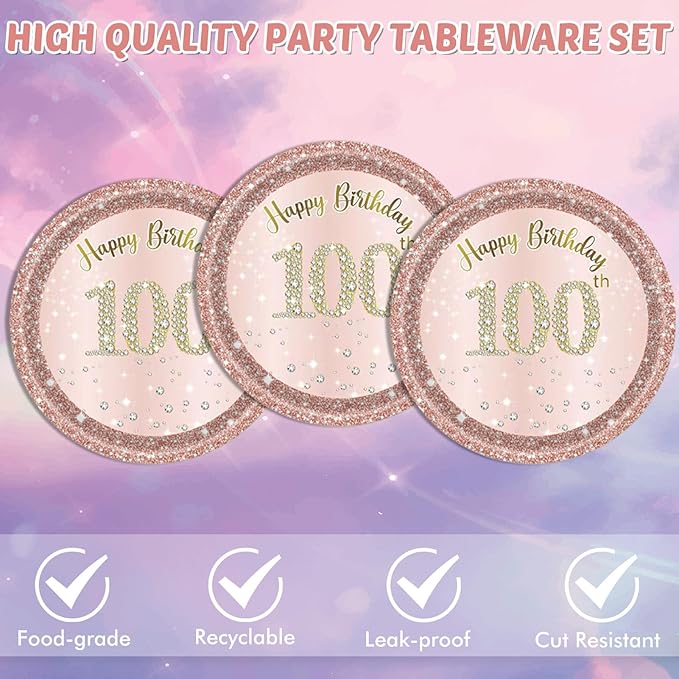 40PCS 100 Birthday Decorations for Women Vintage Rose Gold 100 Years Old Birthday Disposable Tableware Kit Include Paper Dessert Plates Napkins for Anniversary 1926 100th Rose Gold Party Supplies