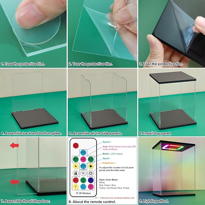 NONEMEY Clear Acrylic Display Case with RGB LED Light, Dustproof Model Showcase Organizer Box, Display Case for Collectibles (10.2x7.5x17.3 inch, 26x19x44cm)