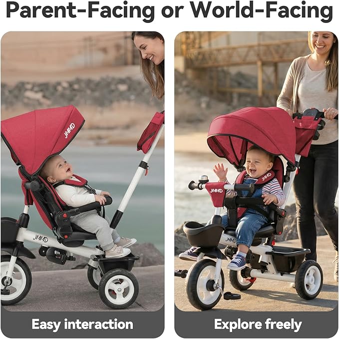 JMMD 7 in 1 Tricycle Stroller with Push Handle, Baby Trike with 360° Swivel Seat, Reclining Backrest, All-Terrain Wheels, Dual Brakes, Canopy & Storage, Gift for Kids 18 Months to 5 Years, Red
