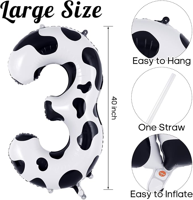 Cow Print Number 3 Balloon, Large 40 Inch Cow Number Birthday Balloons, Foil Mylar Number 3 Balloons for 3 Year Old Birthday Party Decorations Supplies Animal Farm Cowboy Cowgirl Themed Party